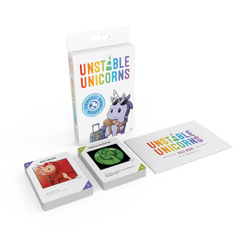 Unstable Unicorns Travel Edition by Unstable Games, including a compact travel box, instruction booklet, and illustrated cards showcasing various unicorn characters and symbols.