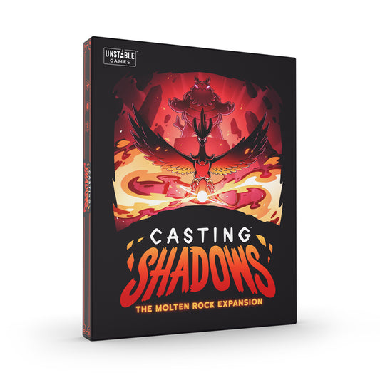 Box cover of Casting Shadows: The Molten Rock Expansion by Unstable Games, with stylized cartoon art of a fiery bird, erupting lava, and an expanded map—perfect for this vibrant Casting Shadows expansion.
