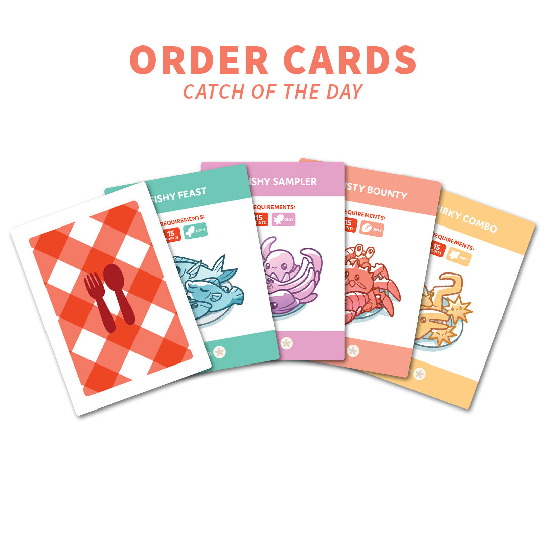 Five vibrant order cards are shown fan-like with a red checkered card on the left, under the text "Order Cards Catch of the Day." Dive into Fishy Squishy Crusty Quirky: Base Game by Unstable Games, where Sand Dollars and Sea Creatures add excitement to every strategic move.