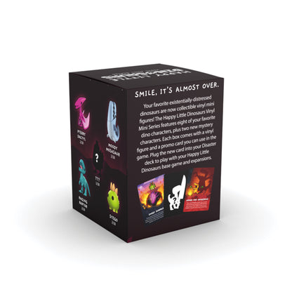 A blind box from Unstable Games, featuring Happy Little Dinosaurs collectible vinyl figures, highlights existential themes with spectacular colorful dinosaur graphics and details about these unique figures.