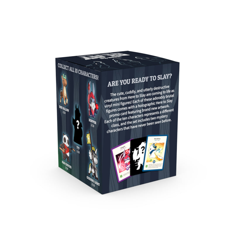 The "Here to Slay: Vinyl Figure Blind Box" by Unstable Games includes collectible vinyl figures with character images and a special promo card, featuring the slogan "Are You Ready to Slay?" on the back.