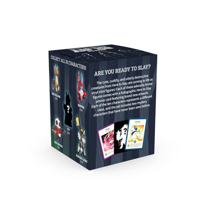 The "Here to Slay: Vinyl Figure Blind Box" by Unstable Games includes collectible vinyl figures with character images and a special promo card, featuring the slogan "Are You Ready to Slay?" on the back.