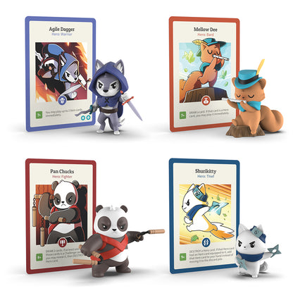 Explore the enchanting world of "Here to Slay" by Unstable Games with four beautifully illustrated character cards. Meet Agile Dagger, a cat warrior; Mellow Dee, a squirrel bard; Pan Chucks, a panda fighter; and Shurikitty, a cat thief. Discover their unique stats and abilities—and don't miss the chance to get an exclusive promo card!
