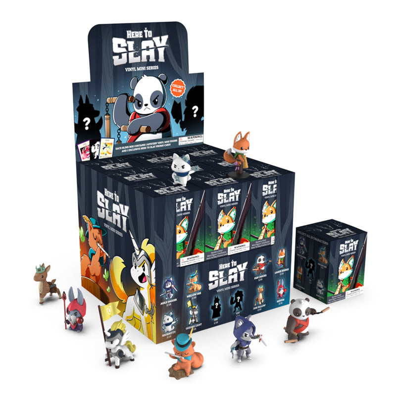 Explore the "Here to Slay: Vinyl Figure Blind Box" from Unstable Games, featuring lively cartoon animal characters in a themed packaging. Each purchase includes a special promo card, enhancing the thrill of your collecting adventure.