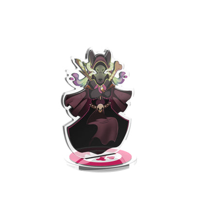 Illustration of a fantasy character from the "Here to Slay: Berserker & Necromancer Expansion Standee Set" with green skin and pointed ears, wearing a dark cloak and adorned with mystical jewelry, displayed on an acrylic by Unstable Games.
