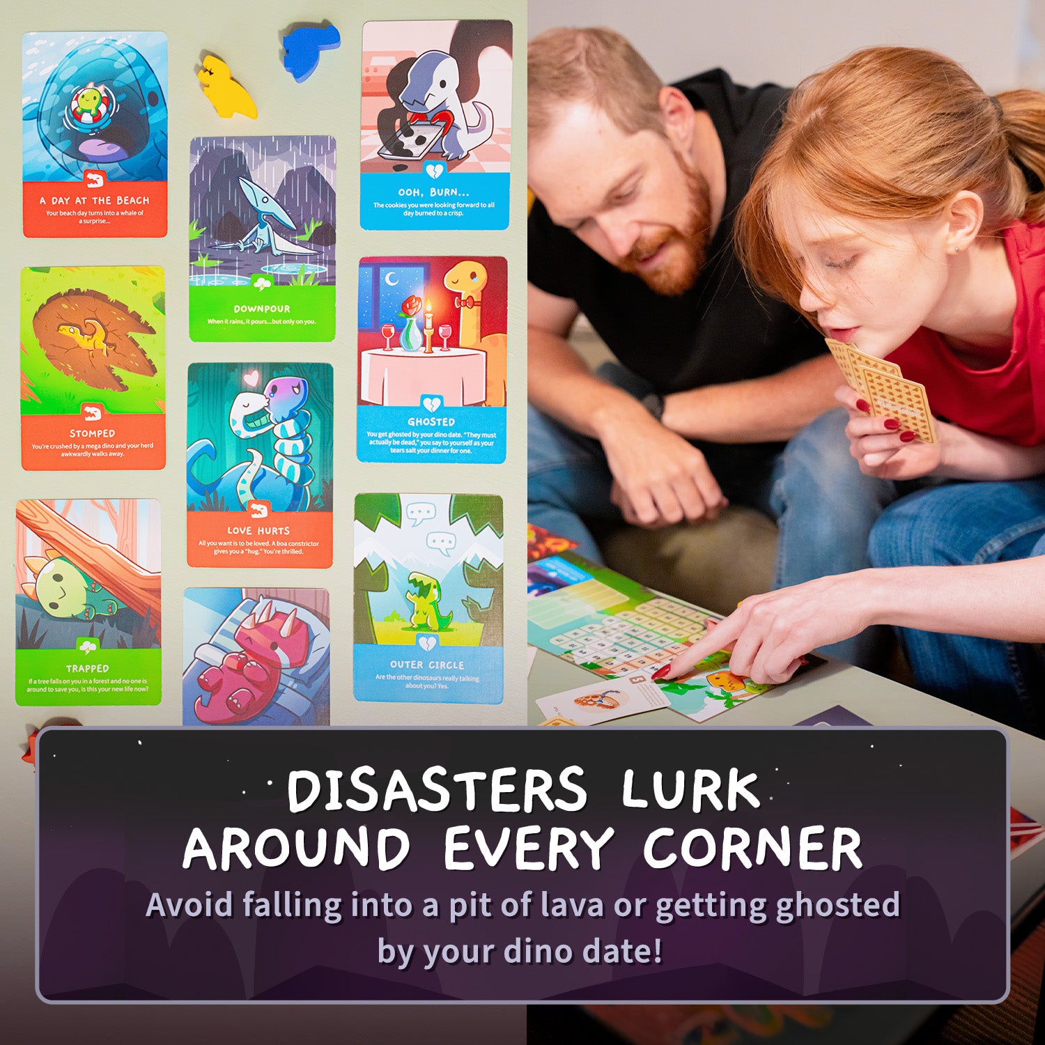Happy Little Dinosaurs: Base Game: Disasters lurk around every corner. Avoid falling into a pit of lava or getting ghosted by your dino date!