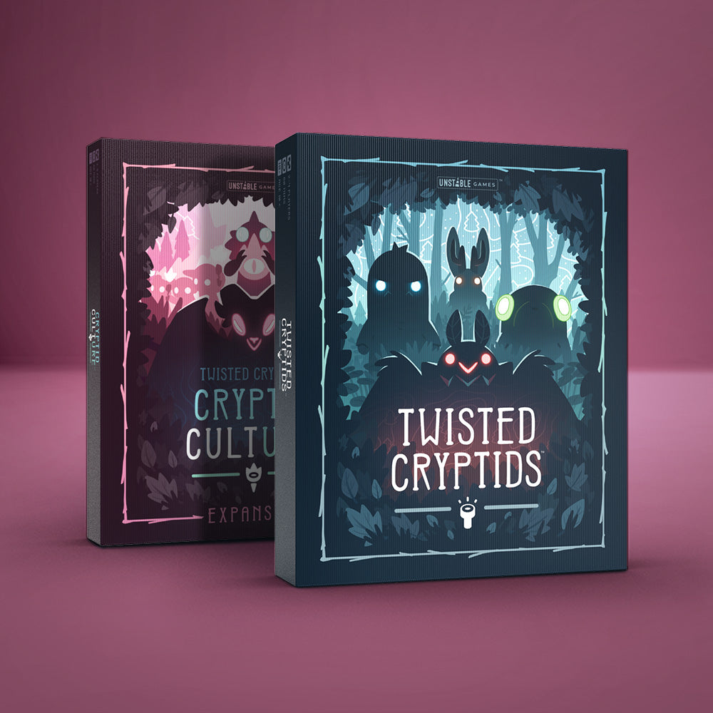 Two board game boxes from Unstable Games are shown: the "Twisted Cryptids: Base Game + Cryptid Culture Expansion Bundle" is in front, featuring forest and monster artwork, with the expansion partially visible behind it.