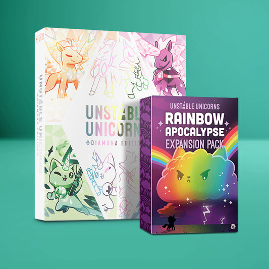 Two boxed card games on a green background: 