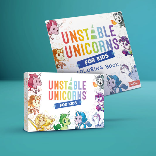 Unstable Games' 'Unstable Unicorns for Kids: Base Game + Coloring Book' features colorful unicorn illustrations on a teal background, perfect for young strategy game fans who love a magical twist.