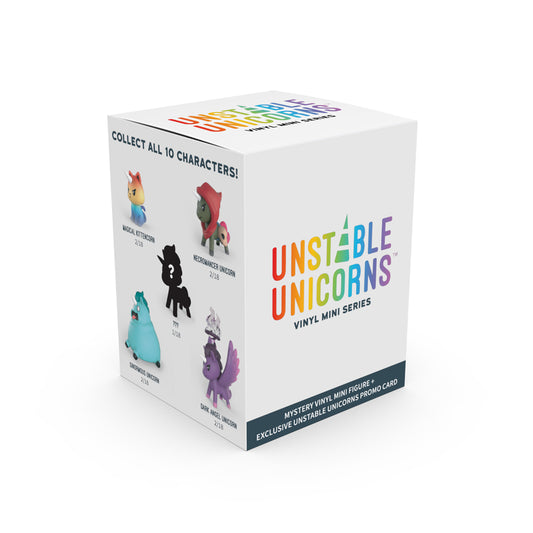 The Unstable Unicorns: Vinyl Figure Blind Box by Unstable Games features the collectible unicorn characters from their mini series, with images displayed on the side.