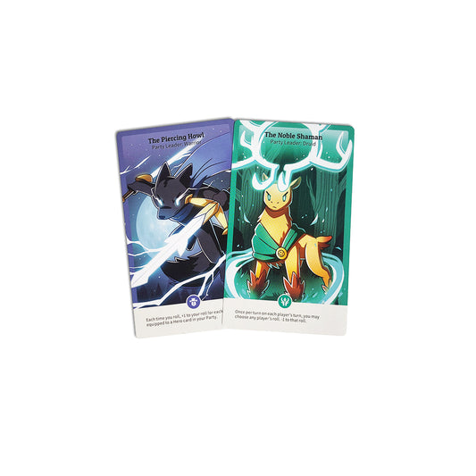 Two illustrated trading cards, titled