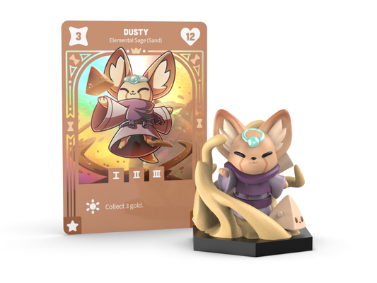 A small figurine of a fox-like character, Dusty the Sand Sage from Unstable Games' Command of Nature collection, is shown with a card in the background labeled 