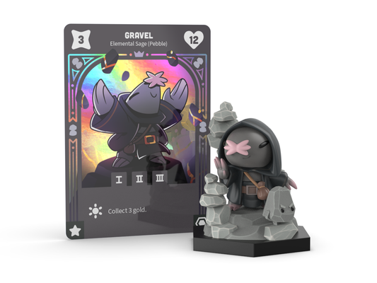 The Command of Nature: Gravel the Pebble Sage Vinyl Figure by Unstable Games stands beside a corresponding trading card labeled 