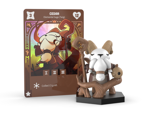 A vinyl figure of Cedar the Twig Sage, a ram-like character from Unstable Games' 