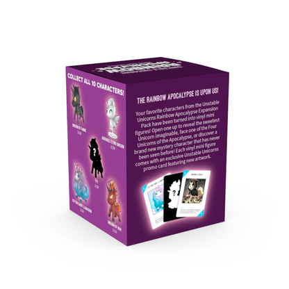 A box displaying collectible unicorn figures from Unstable Games' Unstable Unicorns: Rainbow Apocalypse Vinyl Figure Blind Box series, showcasing images and descriptions of four Unstable Unicorns designs along with promo cards on the side, all centered around "The Rainbow Apocalypse" theme.