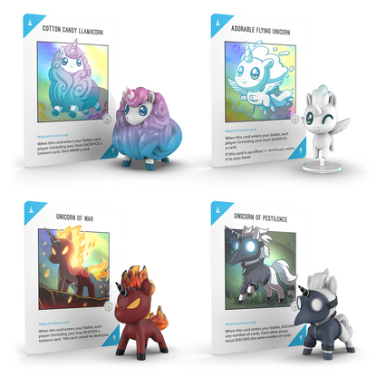 Explore the Unstable Unicorns: Rainbow Apocalypse Vinyl Figure Blind Box by Unstable Games, which includes four collectible figurines and matching cards. Enjoy the whimsical chaos with a llama-unicorn mix, a flying unicorn, a flaming unicorn, and a skull-adorned unicorn!